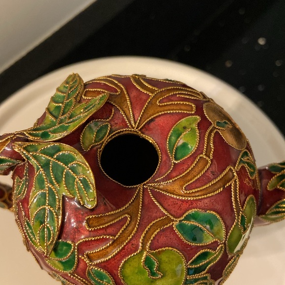 Vintage Mini Cloisonné Enamel Gold Apple Teapot & Lid Collectible Farmhouse - Picture 7 of 13